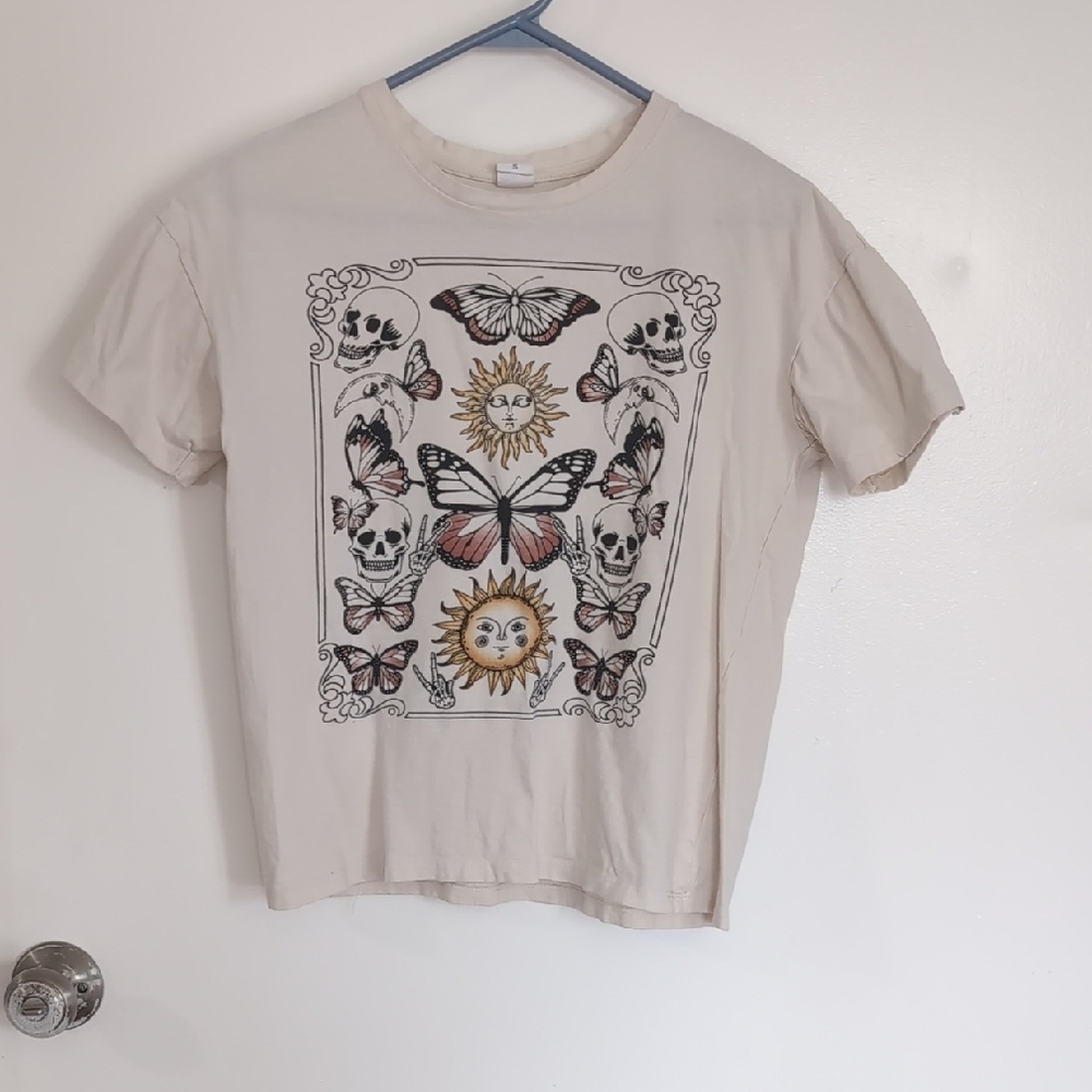 Vibe Cream Graphic Tee with Butterfly and Sun Design